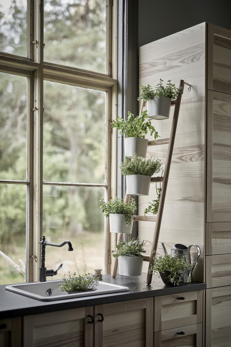 kitchen window idea with wooden plant stand in kitchen window