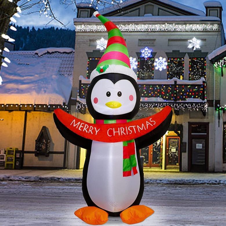 Twinkle Store Inflatable Penguin With Merry Christmas Sign