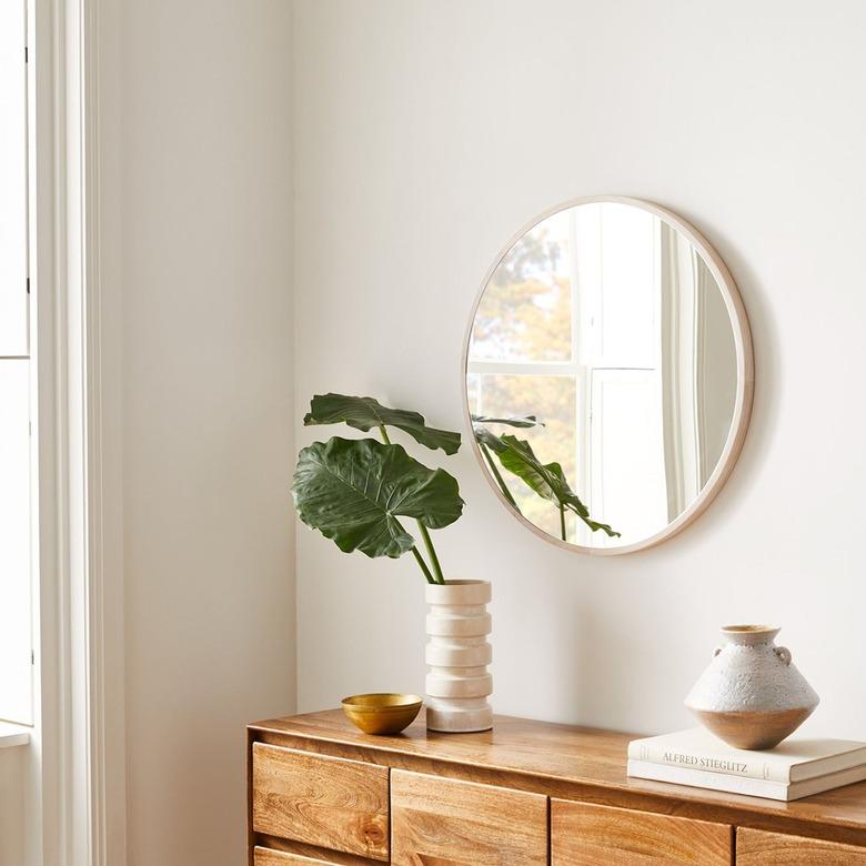 West Elm Thin Wood Round Wall Mirror in Winterwood