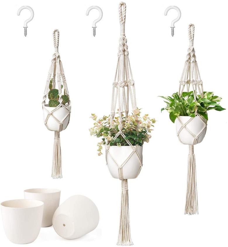 Mkono Macrame Plant Hangers With Plastic Planters (set of 3)