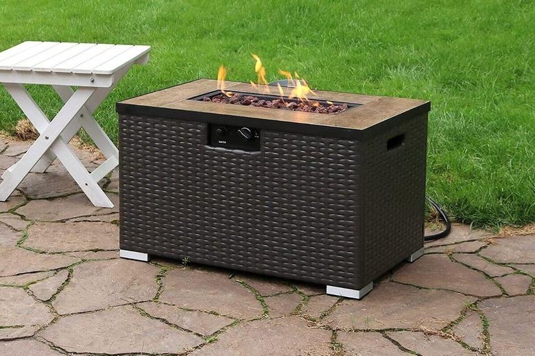 Sunnydaze Tile Top Resin Wicker Propane Gas Fire Pit