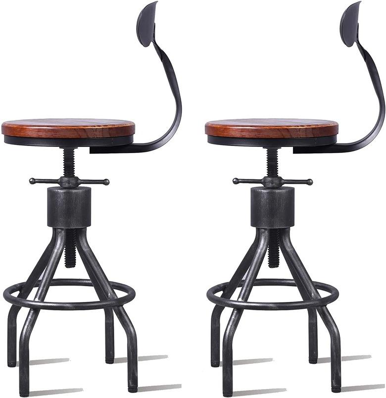 Set of 2 Industrial Bar Stool-Adjustable Swivel Wood Metal Bar Stool-Counter 