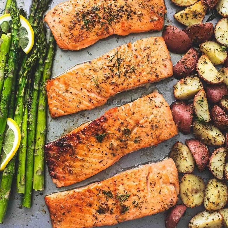 Creme de la Crumb's Sheet Pan Salmon and Asparagus with Potatoes