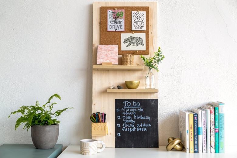 Memo board with a cork board, wood shelves, chalkboard, and pencil holder