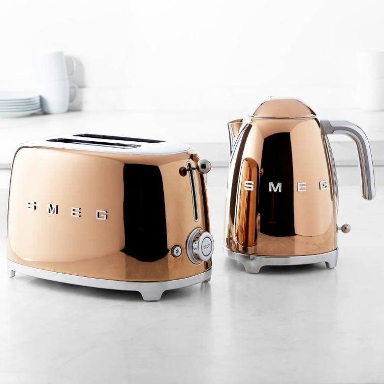 rose gold retro toaster and tea kettle