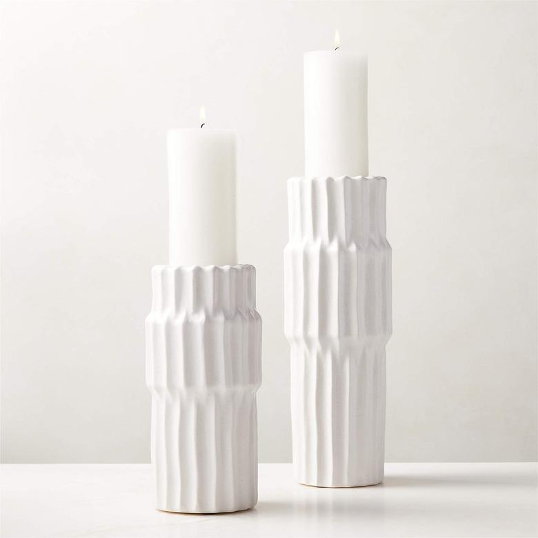 CB2 Furrow White Pillar Candle Holders