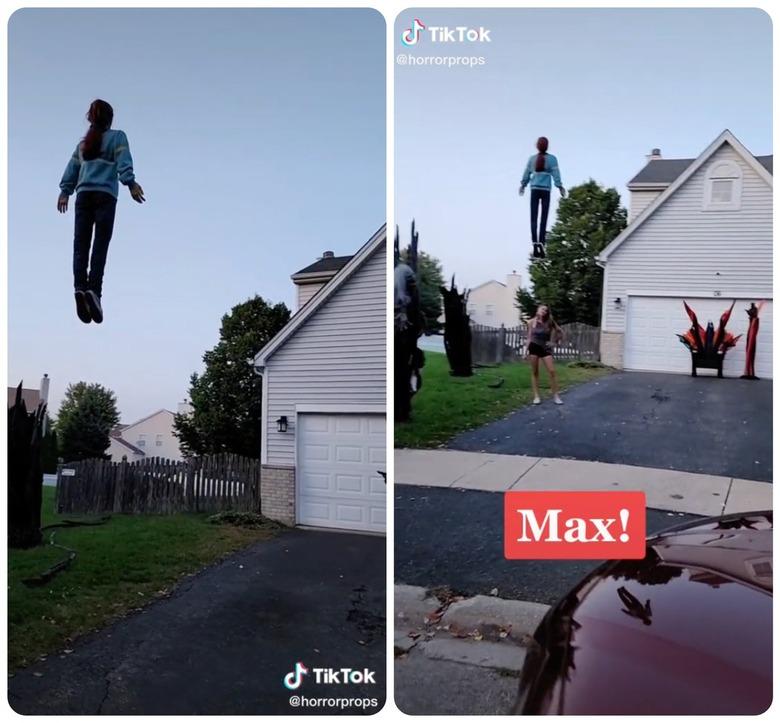 girl levitating over a driveway, caption 