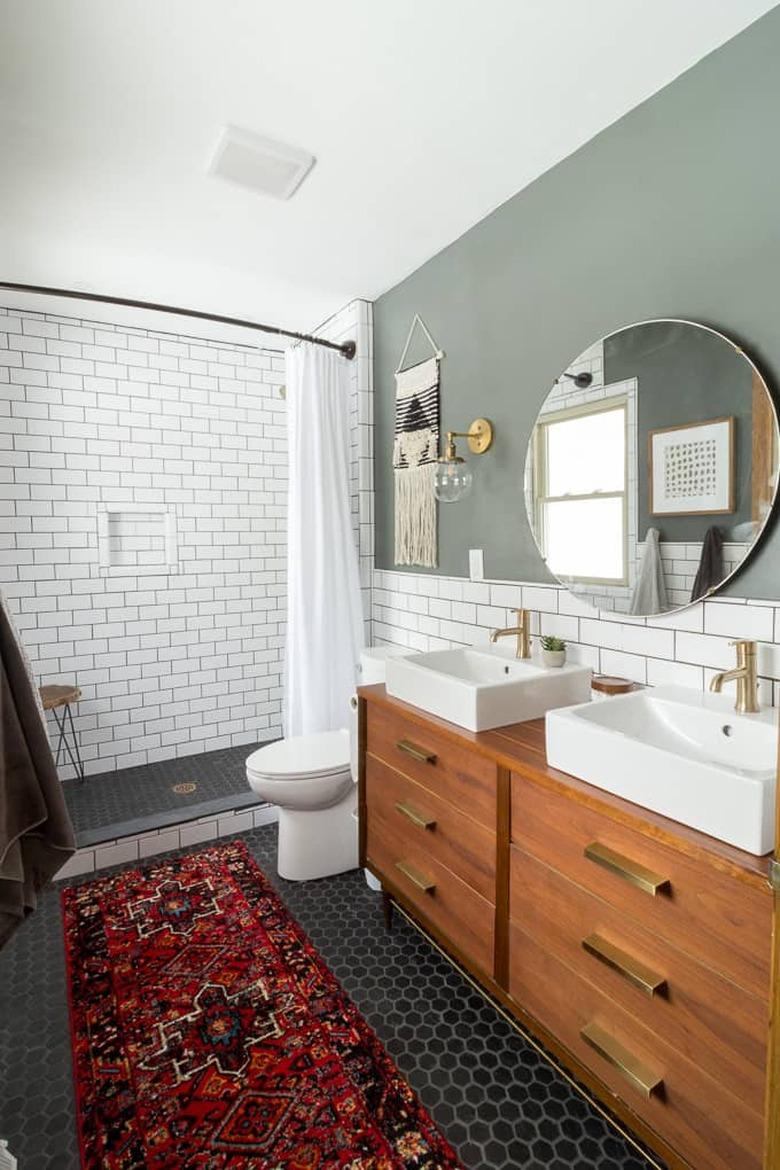 bathroom backsplash idea with white subway tile and shower in bohemian bathroom