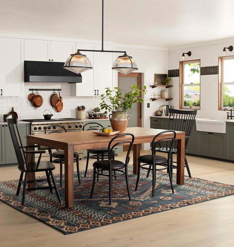 Blue wool rug in dining room