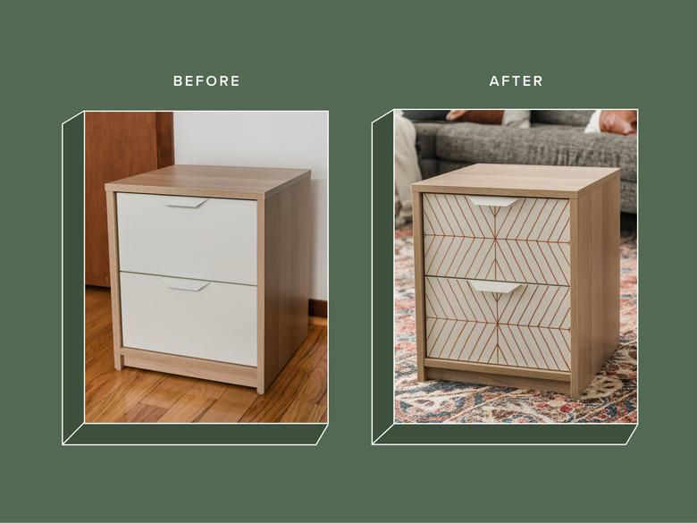 Before and after photo of IKEA nightstand table hack