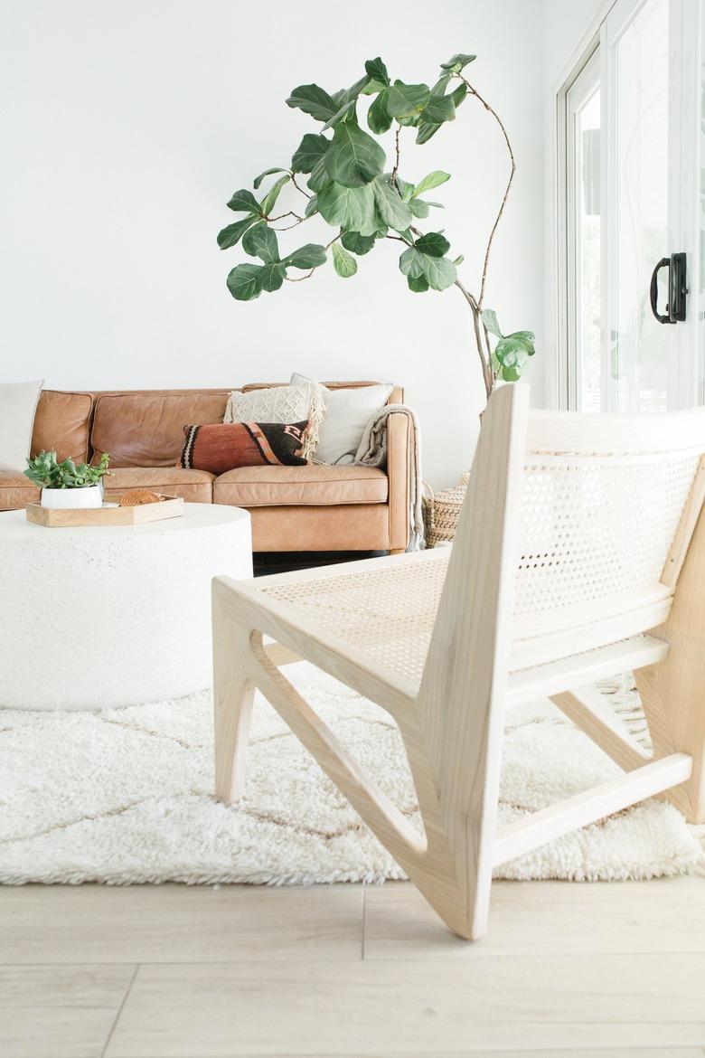 White boho living room with leather couch and fiddle leaf fig tree