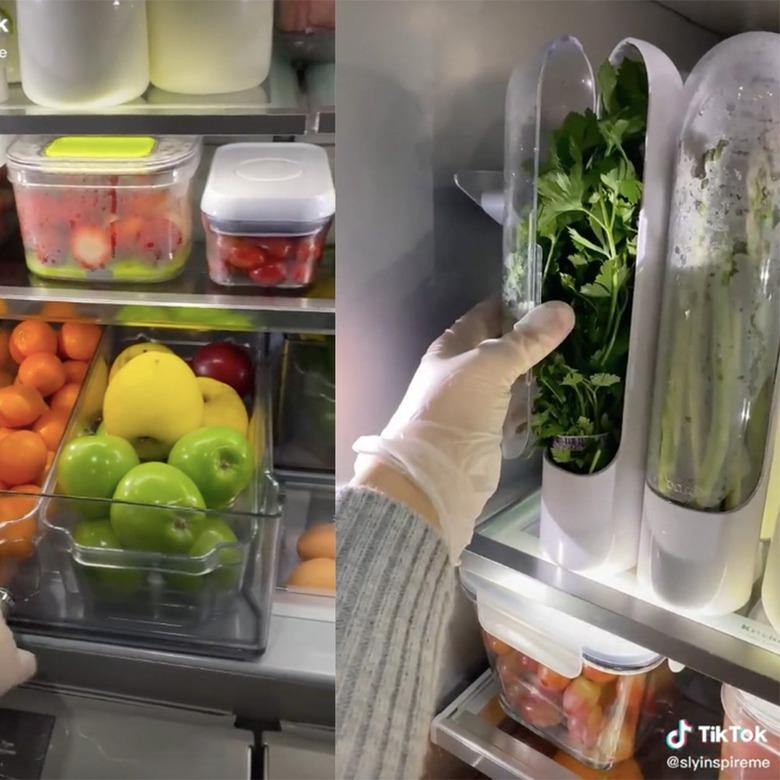 two tiktok screenshots of a fridge and a person's hand