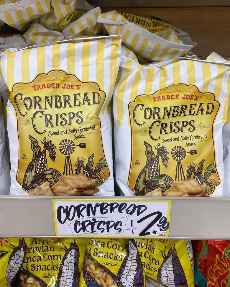 Cornbread Crisps on a shelf in Trader Joe's.