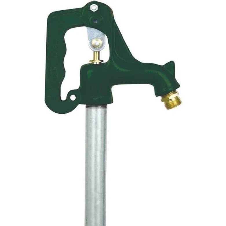 A yard hydrant part with a green lever