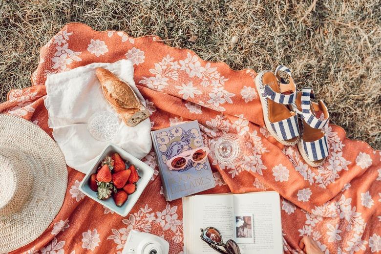 Brightly Colored Picnic Blanket with Food and Accessories