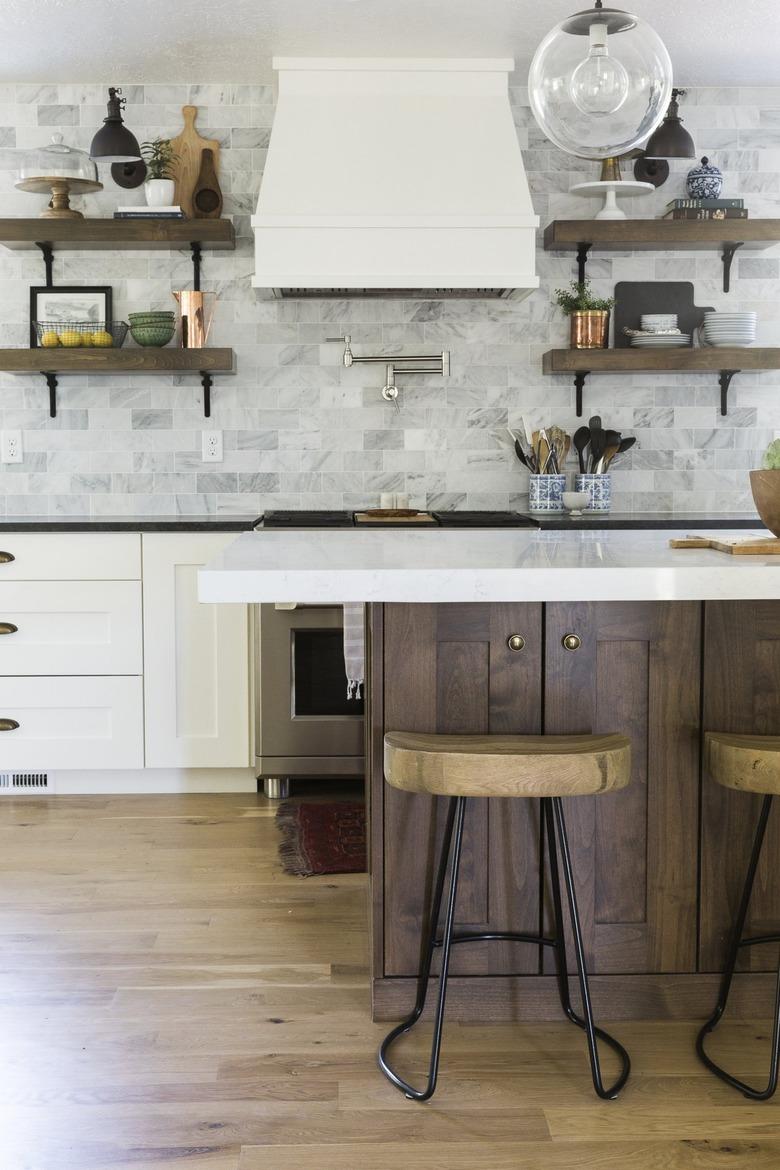 Craftsman kitchen with modern light fixture