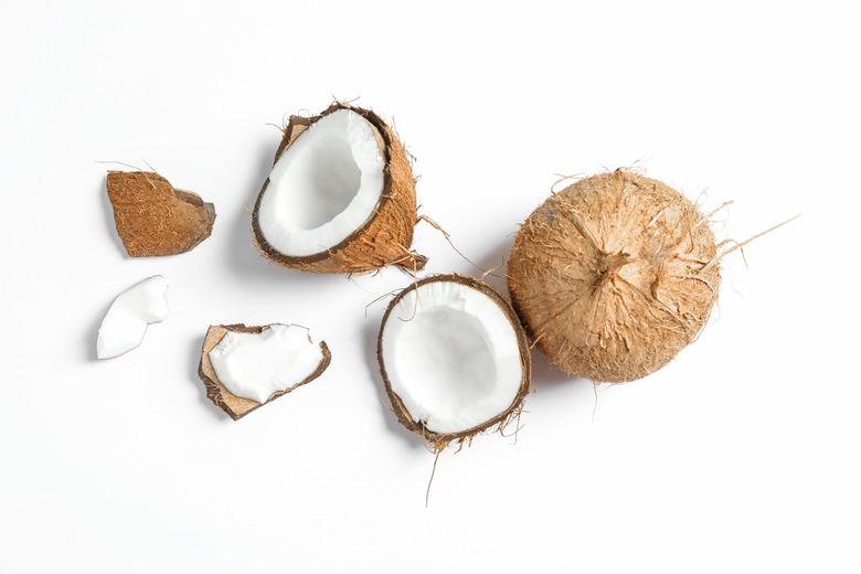 Two coconut one of which split on white background