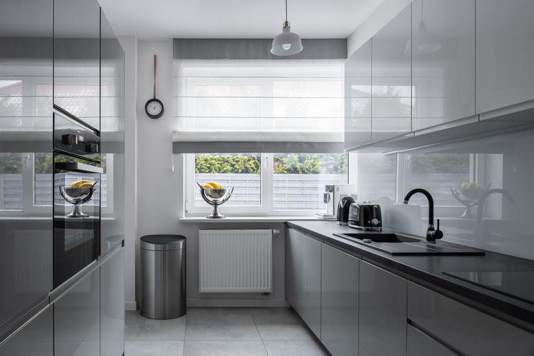 Narrow kitchen with modern furniture