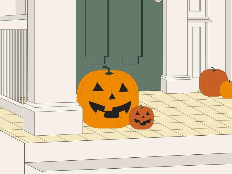 jack-o'-lantern illustration on porch with green door