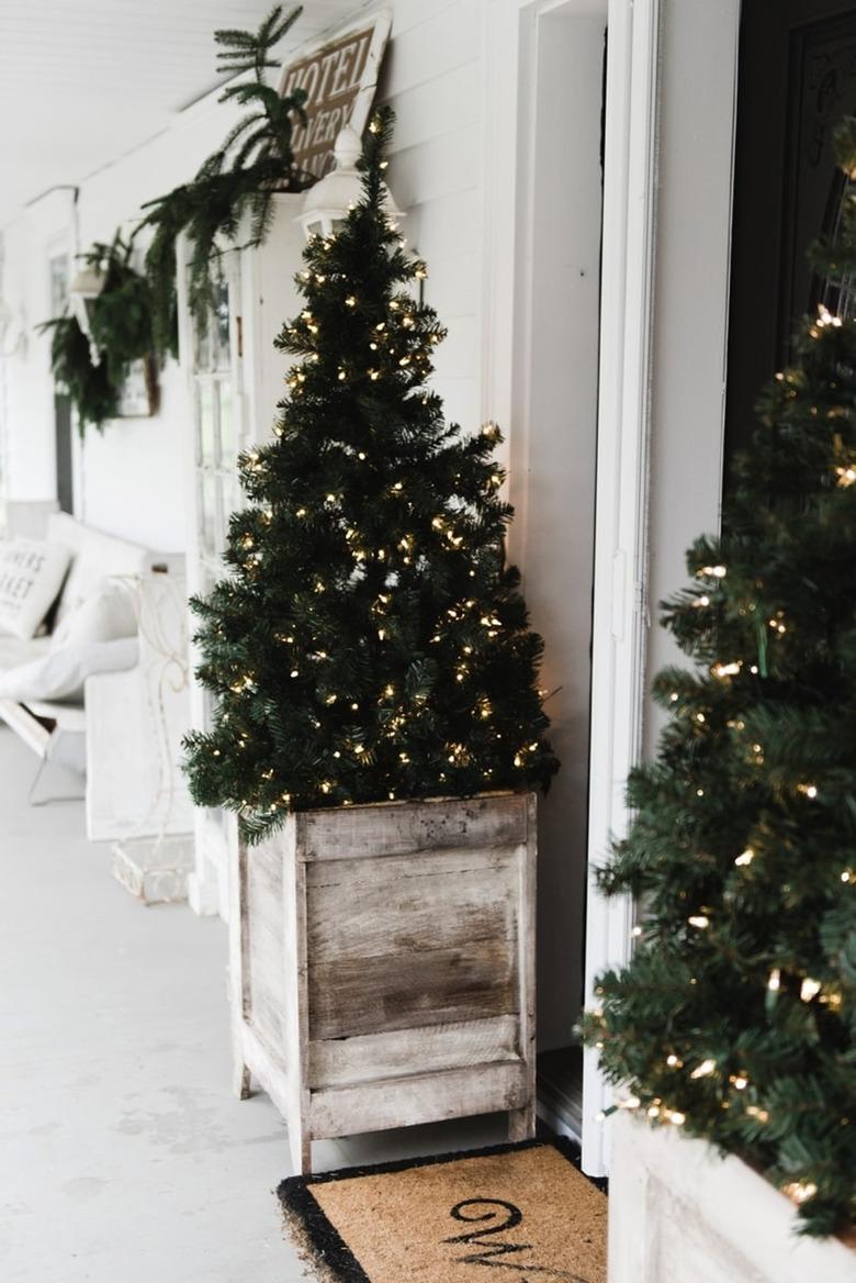 winter front porch with planter boxes