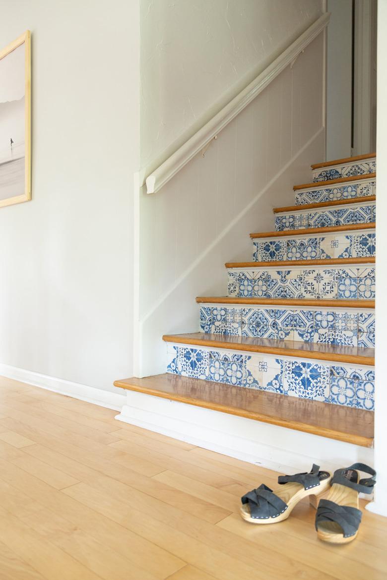 DIY Patterned Stair Risers with removable wallpaper