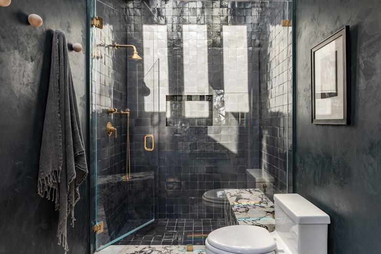 black bathroom with zellige tile shower