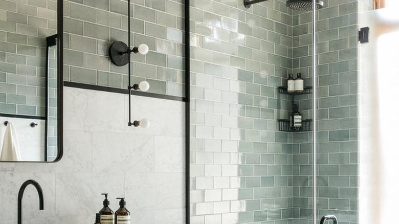 green bathroom idea with glass shower enclosure