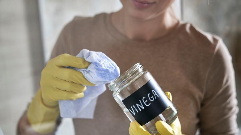 person holding vinegar and cloth