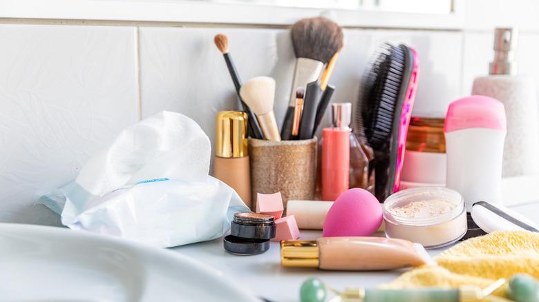 messy unorganized bathroom counter