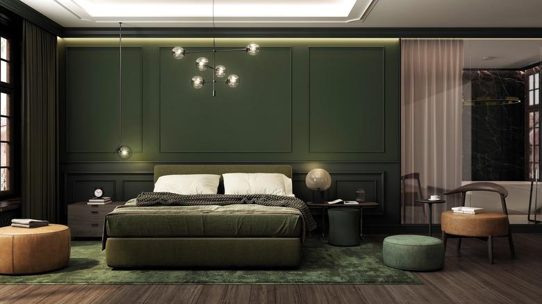 bedroom with green color drenched walls