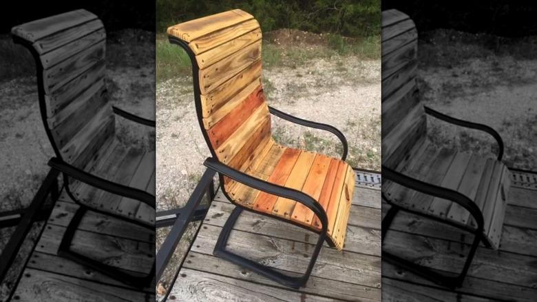 Sling patio chair recovered with pallet wood