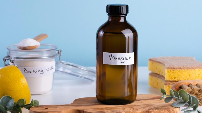 A dark bottle labeled "vinegar" and a clear container labeled "baking soda" sitting on a kitchen counter with a lemon, sponges, and a cutting board.