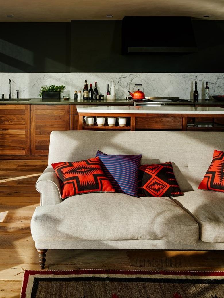 kitchen living room combo with warm, rustic details