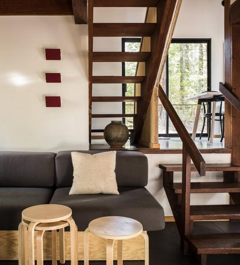 rustic meets modern midcentury cabin split-level living room