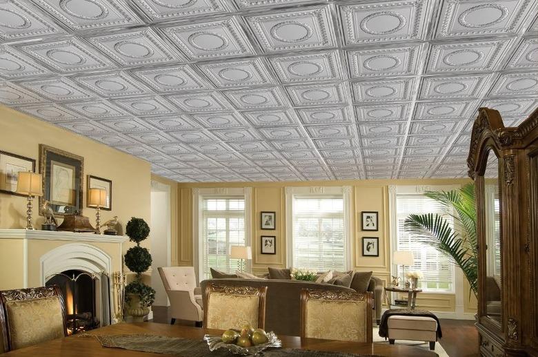 Room with faux tin ceiling.