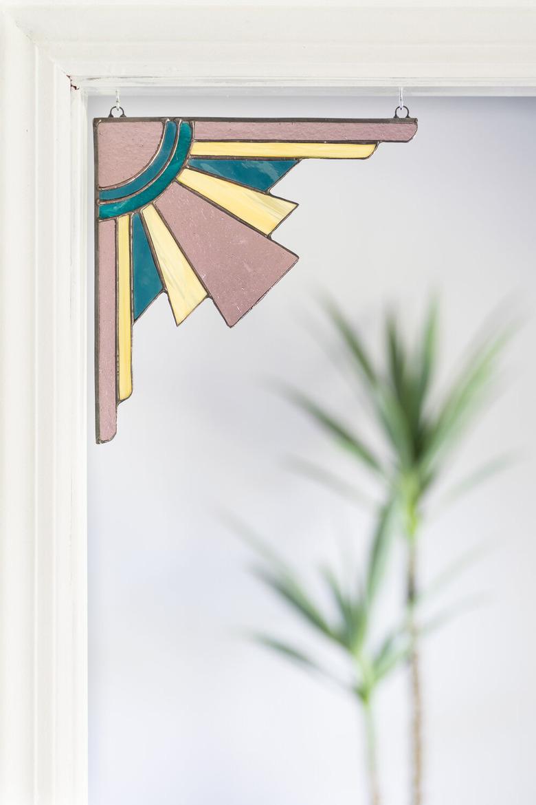 art deco stained glass corner hanging