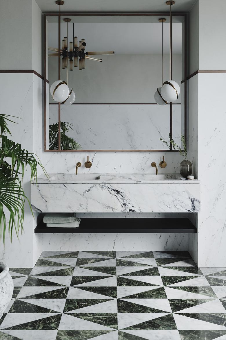 art deco tile on bathroom floor with floating marble vanity