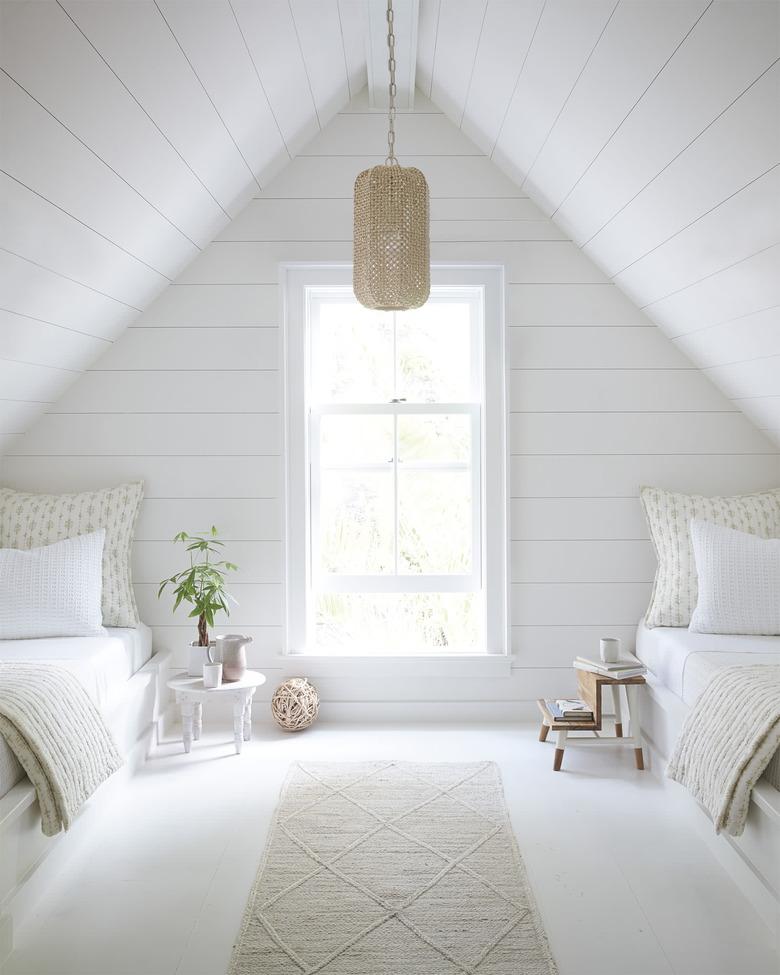 white boho attic bedroom lighting ideas with shiplap ceiling