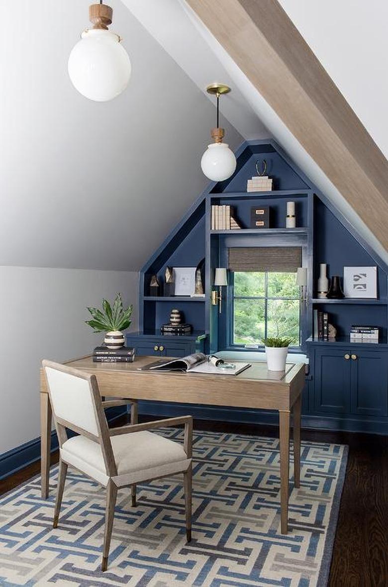 attic office idea with blue painted built-ins flanking window