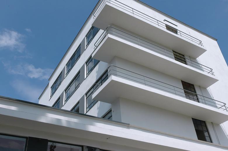 Bauhaus architecture with streamlined balconies and steel