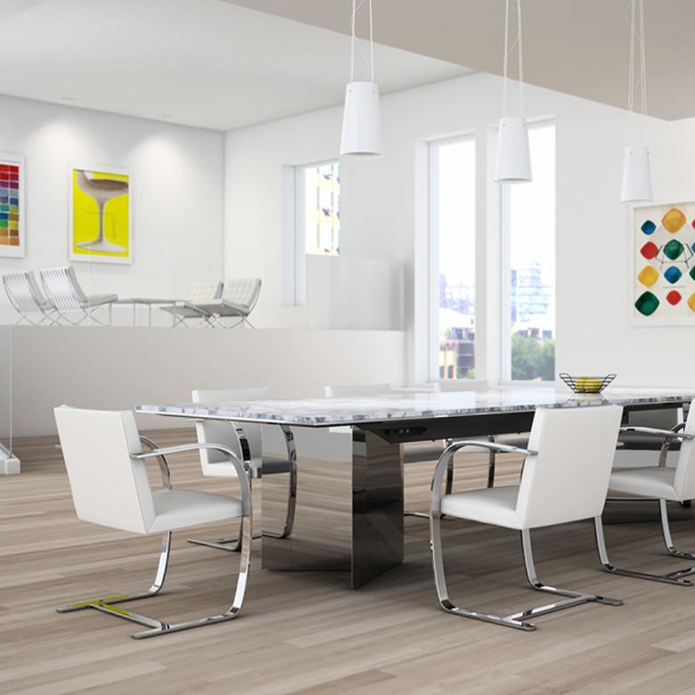 white Bauhaus chair at chrome dining table