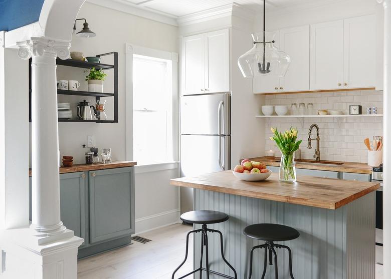 beadboard kitchen island with wood countertop