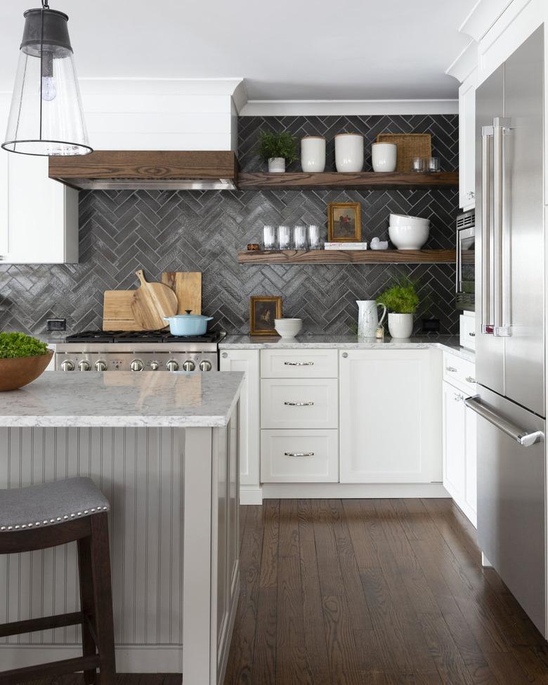 beadboard kitchen island with marble countertop