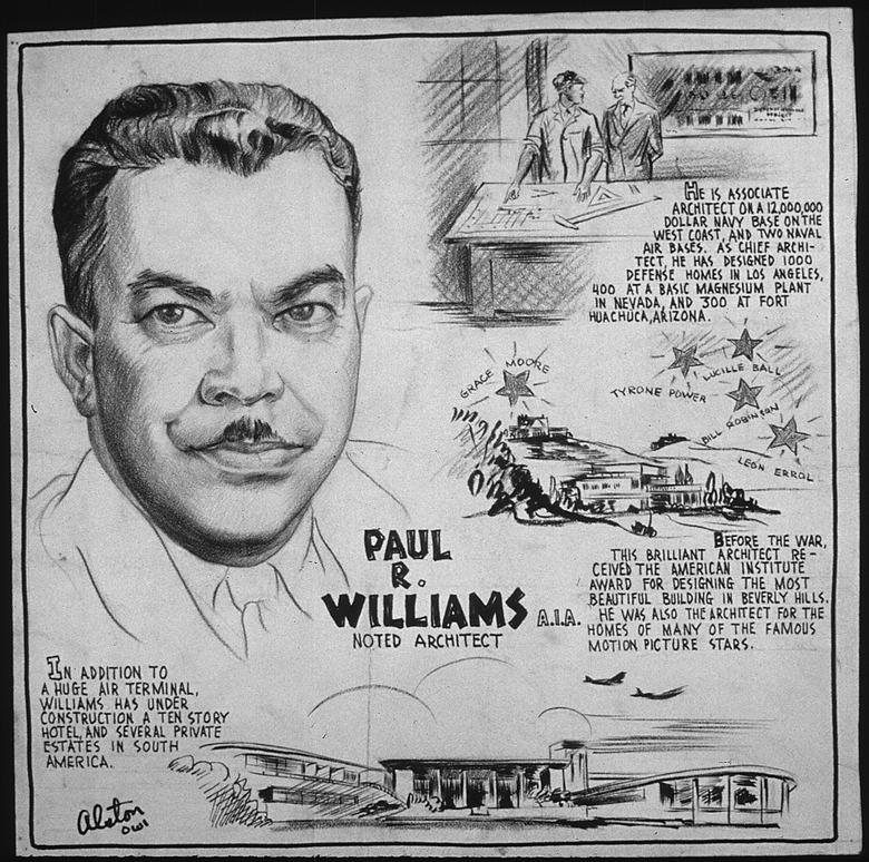 black and white drawing with text of Paul R. Williams