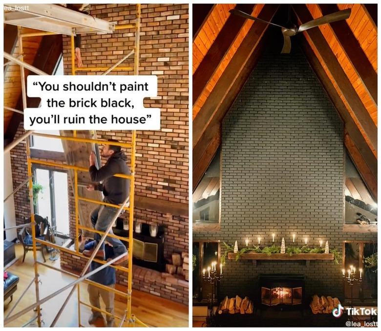 A two-pane image showing a fireplace with a large red brick surrounding becoming a matte black brick wall.