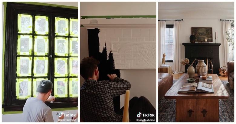 A three-paned photo with the first pane showing a person painting a large window frame black. The second pane shows the person painting a white fireplace black. The third pane shows the finishing living room with a wood coffee table, white curtains, brown leather sofas, and various objects strewn around the room.