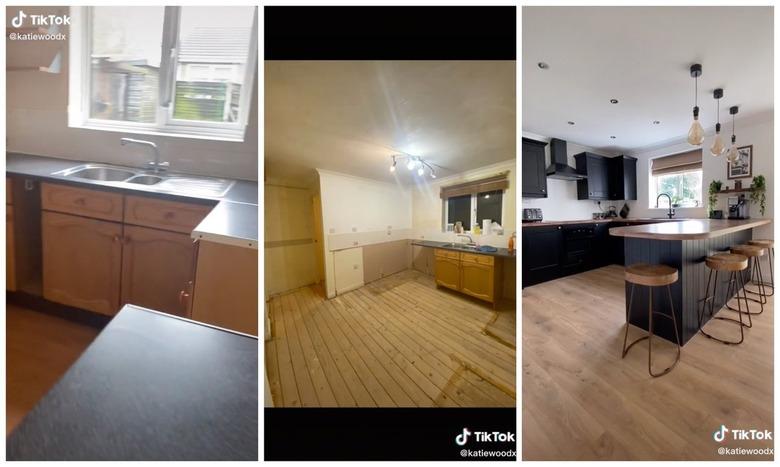 A three-pane image showing a dingy kitchen with light wood cabinets being turned into a kitchen with chic black cabinets.