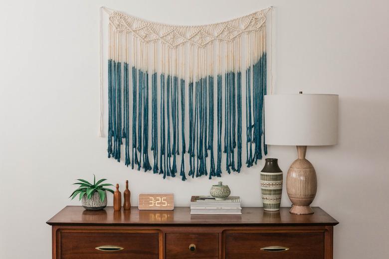 blue room ideas with ombre dyed macrame wall hanging