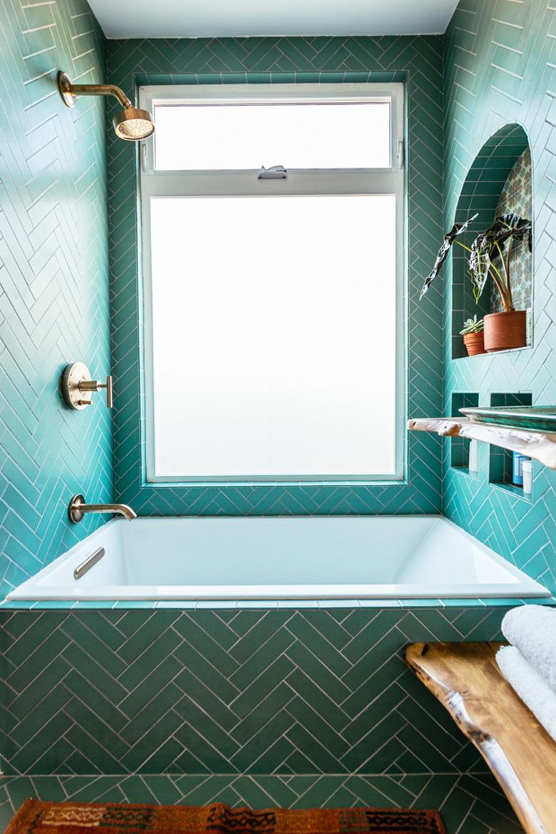 bohemian shower idea with chevron tile in aqua color