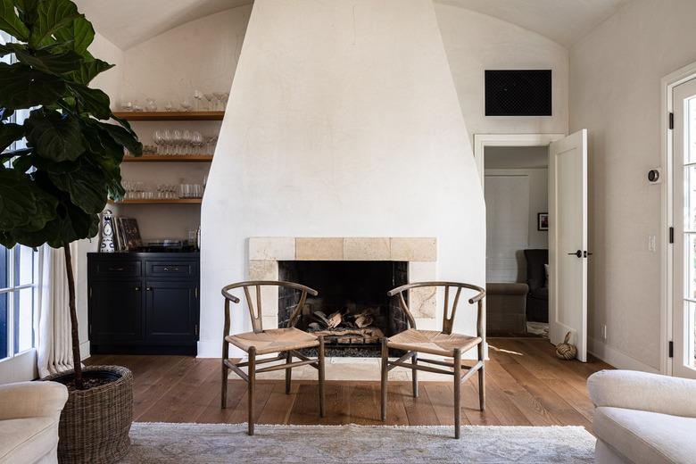 A living room with white walls and wood floors with a large plant and fireplace